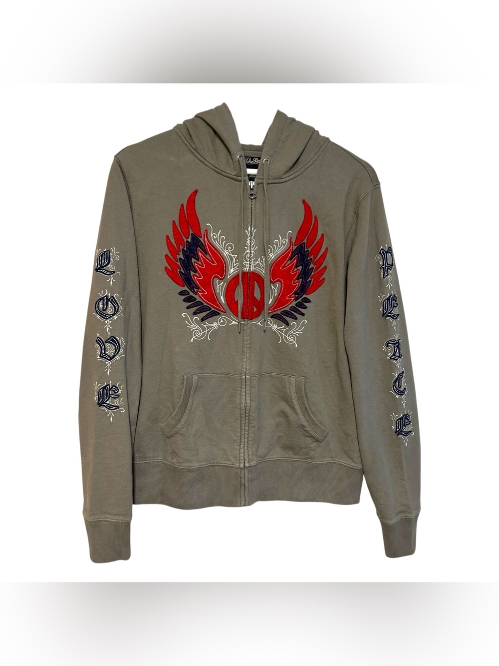 Y2K lucky brand XL zip up hoodie embroidery love peace wing appliqué indie tat